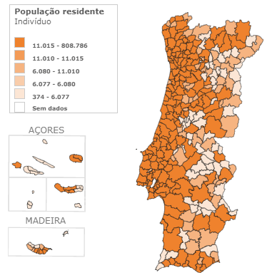 Mapa densidade Populaçao Portugal por Distritos