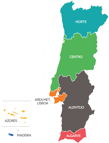 Mapa das regiões de Portugal — Norte, Centro, Lisboa, Alentejo, Algarve, Açores e Madeira